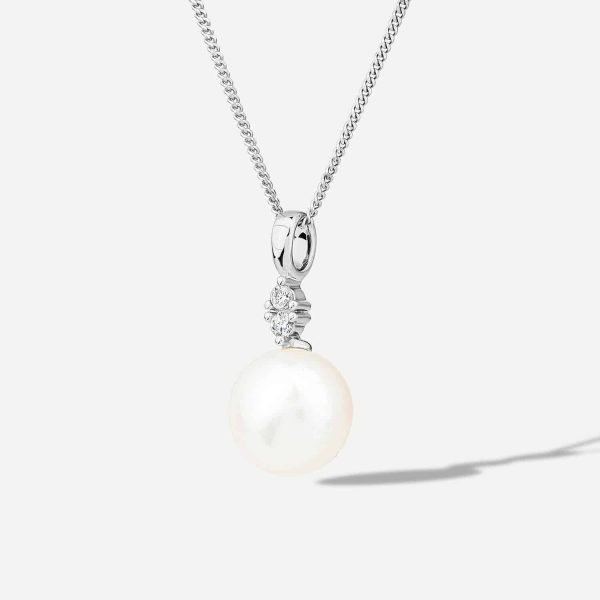 9ct White Gold 0.04ct Top Diamond & Freshwater Pearl Pendant - 图片 2